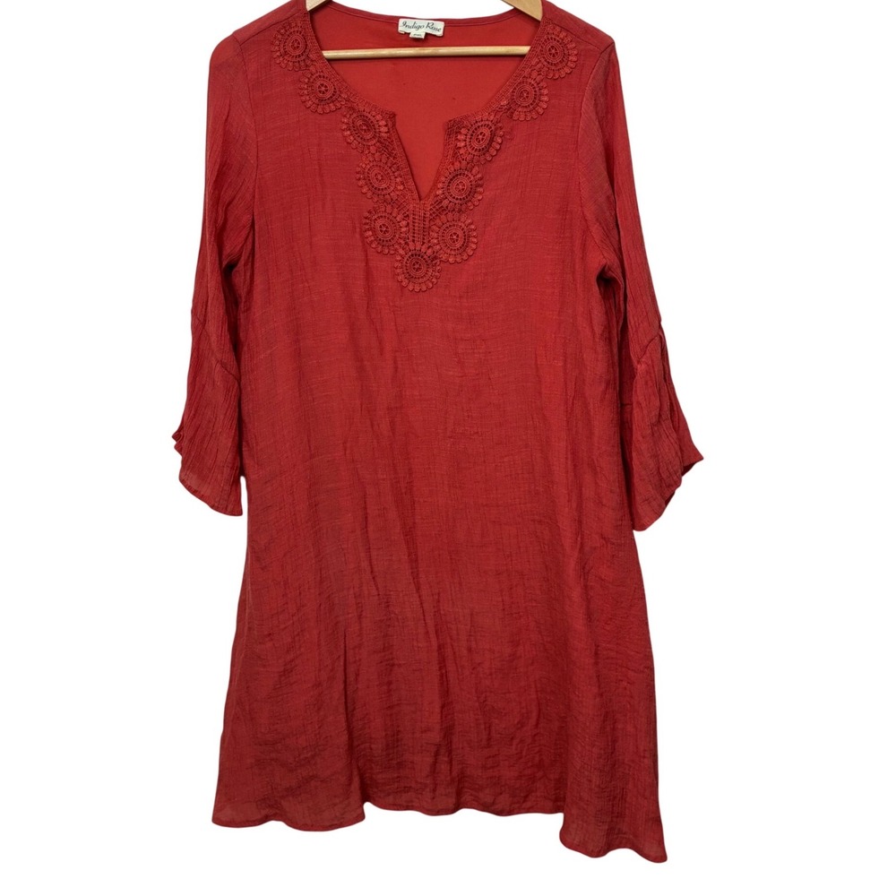 Indigo Rose Rust Red Crinkle Fabric Crochet V-Neck Bell Sleeve Tunic Dress‎ PXL